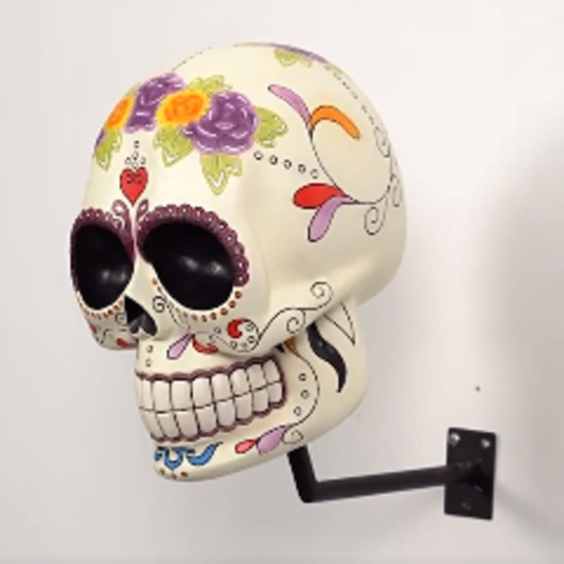 Human Skull Head Wall Hanging Statue Colorful Drawing Sugar Skeleton Wall-mount Ornaments Tabletop Halloween Home Decor Gift