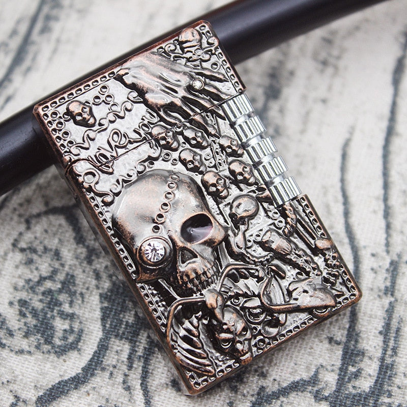 Retro Skull Head With Drill Lighter Flint Wheel Inflatable Butane Torch Lighter Smoking Accessories