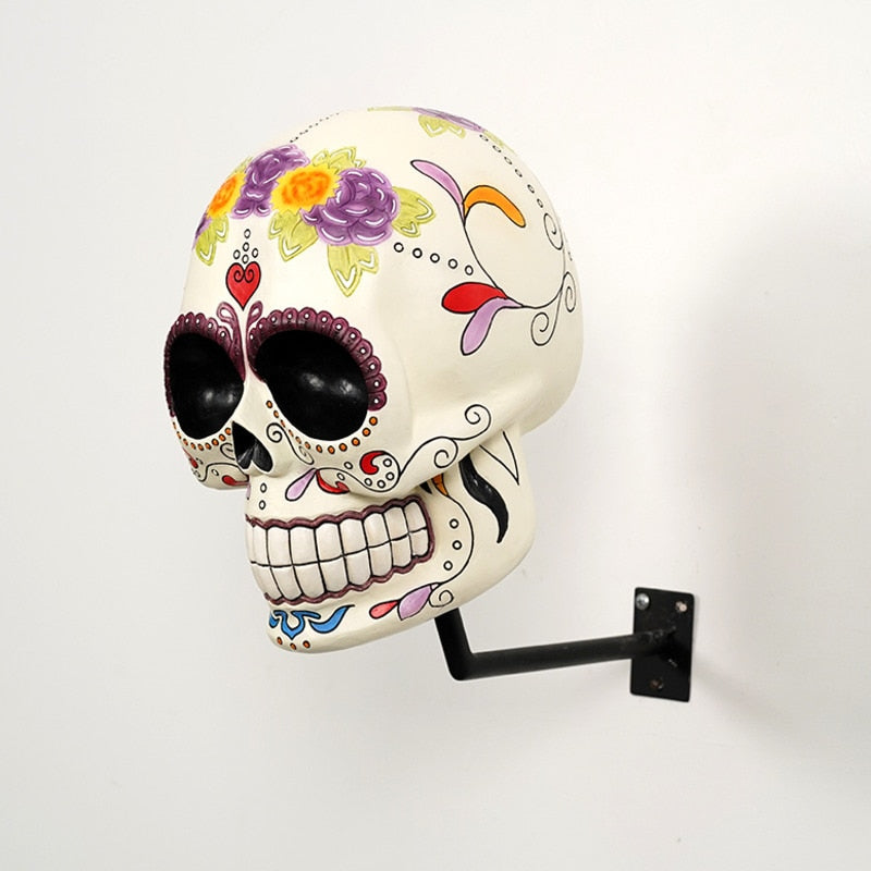 Human Skull Head Wall Hanging Statue Colorful Drawing Sugar Skeleton Wall-mount Ornaments Tabletop Halloween Home Decor Gift