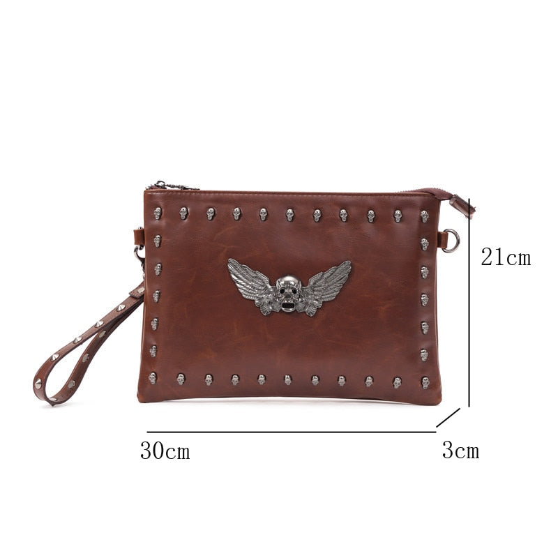 Skull rivet Designer Handbag Vintage Pu Leather Men's Clutch Bag Brown Skull Shoulder Bags Quality Unisex Purse for IPAD