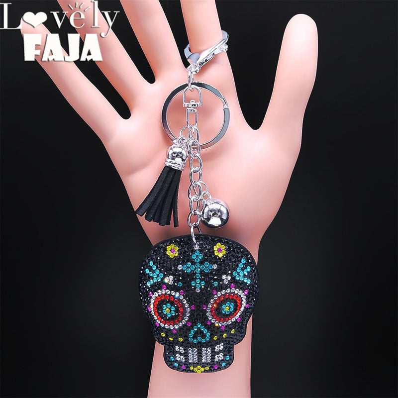Death Skull Skeleton Tassel Key Ring Bag Accessories Crystal Rhinestone Alloy Keychain
