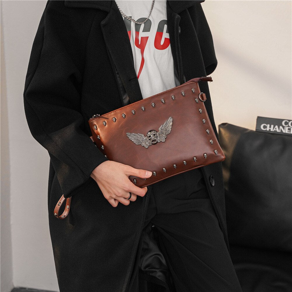 Skull rivet Designer Handbag Vintage Pu Leather Men's Clutch Bag Brown Skull Shoulder Bags Quality Unisex Purse for IPAD
