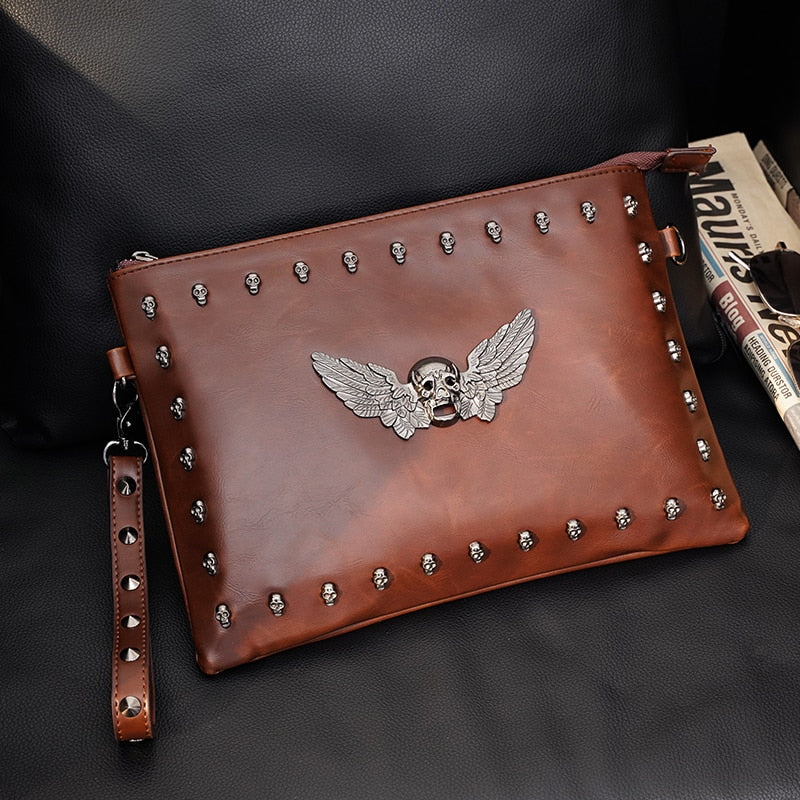 Skull rivet Designer Handbag Vintage Pu Leather Men's Clutch Bag Brown Skull Shoulder Bags Quality Unisex Purse for IPAD