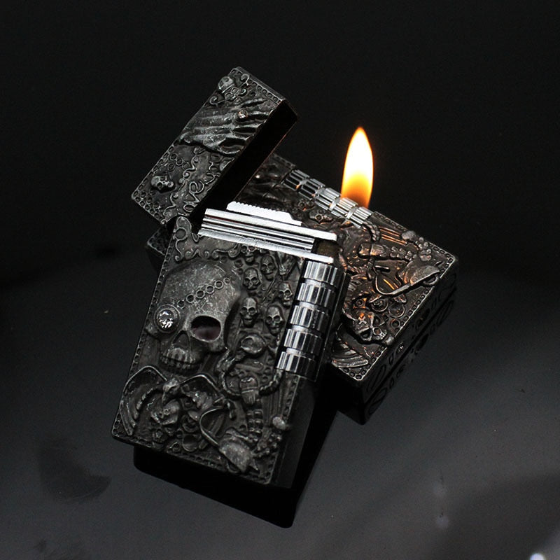 Retro Skull Head With Drill Lighter Flint Wheel Inflatable Butane Torch Lighter Smoking Accessories