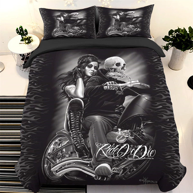 Skull Duvet Cover 3D Print Black Beauty Ride Motorcycle Queen Bedding Set