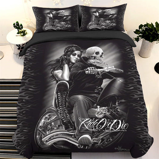 Skull Duvet Cover 3D Print Black Beauty Ride Motorcycle Queen Bedding Set
