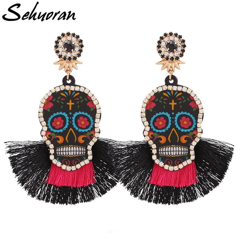 Fashion Women Multicolored Skull Pendant Fringed Earrings