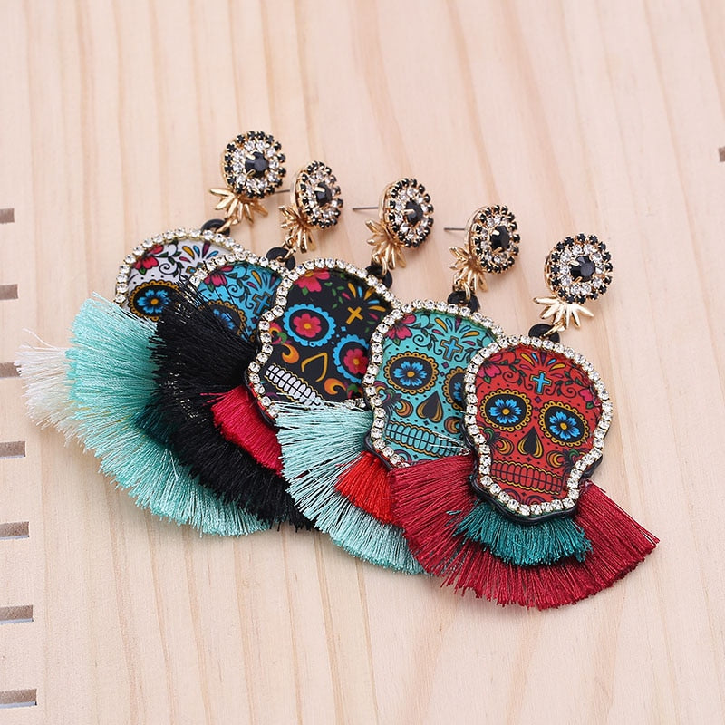 Fashion Women Multicolored Skull Pendant Fringed Earrings