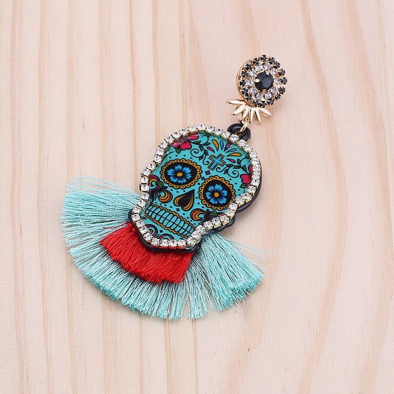 Fashion Women Multicolored Skull Pendant Fringed Earrings