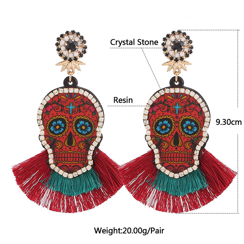 Fashion Women Multicolored Skull Pendant Fringed Earrings