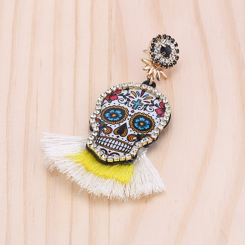Fashion Women Multicolored Skull Pendant Fringed Earrings