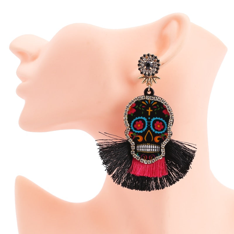 Fashion Women Multicolored Skull Pendant Fringed Earrings