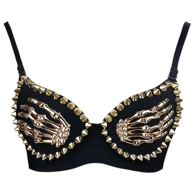 Sexy bralette Women Fashion Gold Skull Hand rivet Punk Push Up Bra Underwear Party Dance Wear Nightclub Lingerie Bra