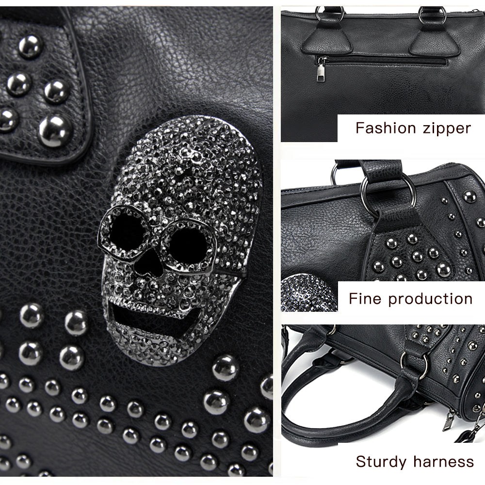Gothic Women's Bag Trend Large Capacity Boston Bag Black Skull Handbag Luxury Pu Leather Tote Bag Rivet Crossbody Purse