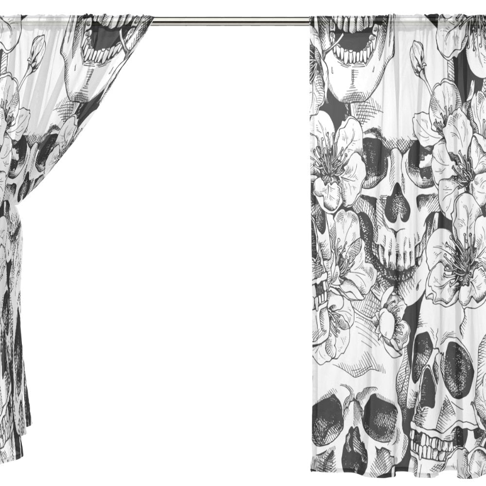 Sheer Voile Window Curtain Vintage Sugar Skull Floral Pattern Printed