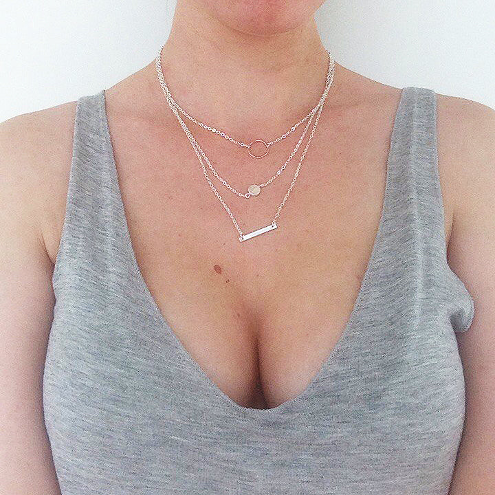 Silver Layered Necklace Set Silver Bar Necklace Jewelry For Women Charm Necklace