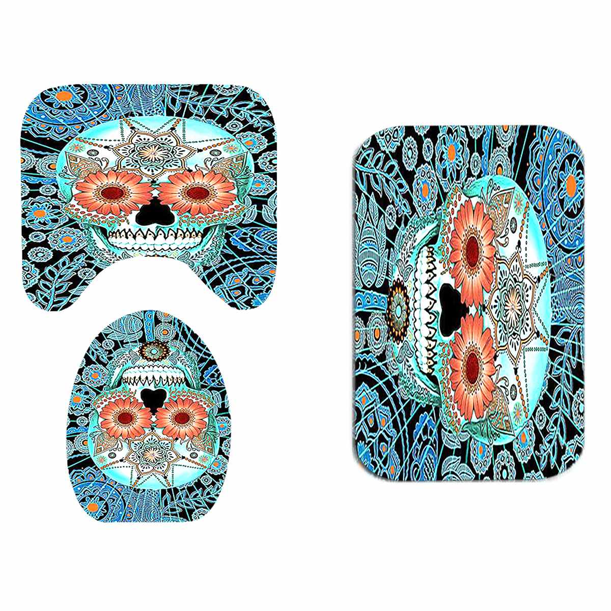 Skull Bathroom Shower Curtains Non Slip Floor Mat Rug Lid Toilet Cover Waterproof