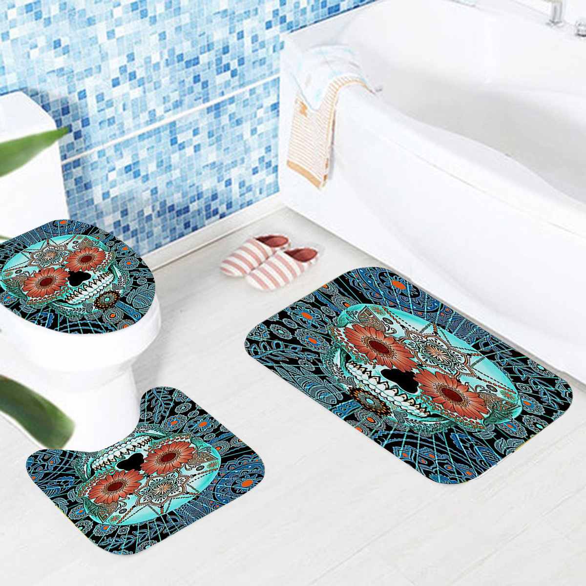 Skull Bathroom Shower Curtains Non Slip Floor Mat Rug Lid Toilet Cover Waterproof