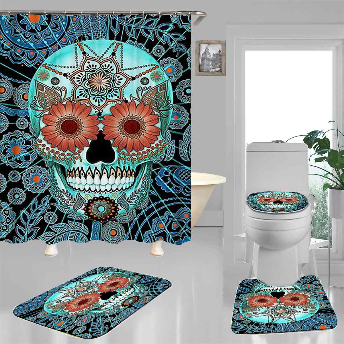 Skull Bathroom Shower Curtains Non Slip Floor Mat Rug Lid Toilet Cover Waterproof