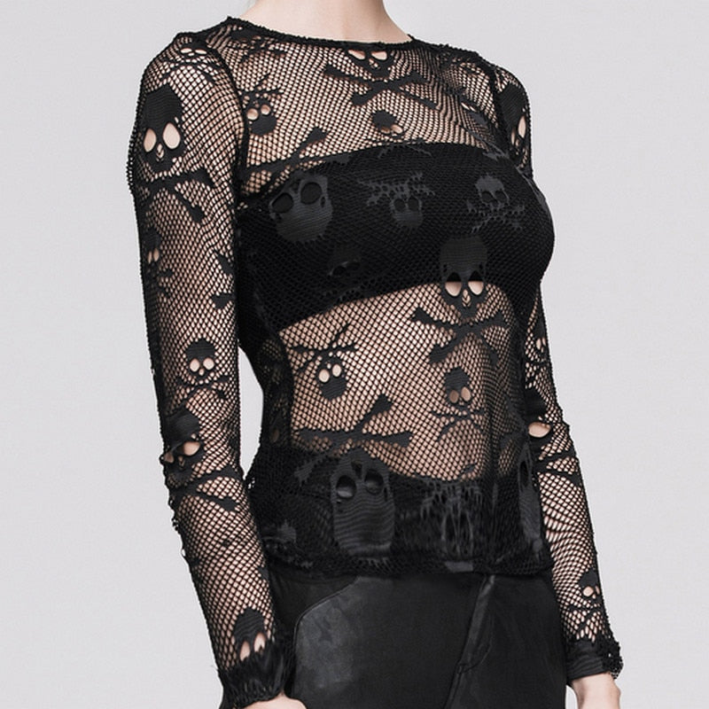 Skull Head Mesh Tops Summer Sexy Hollow Out Female Tee Shirt