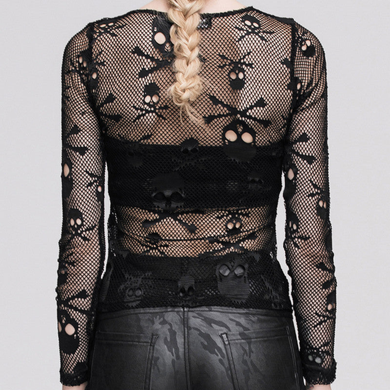 Skull Head Mesh Tops Summer Sexy Hollow Out Female Tee Shirt