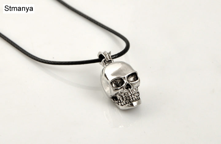 Skull Necklace - Hot Sale Skull Pendant Zinc Alloy Necklaces Pendants Black Leather Chain Skull Pendant Silver Necklace 19074
