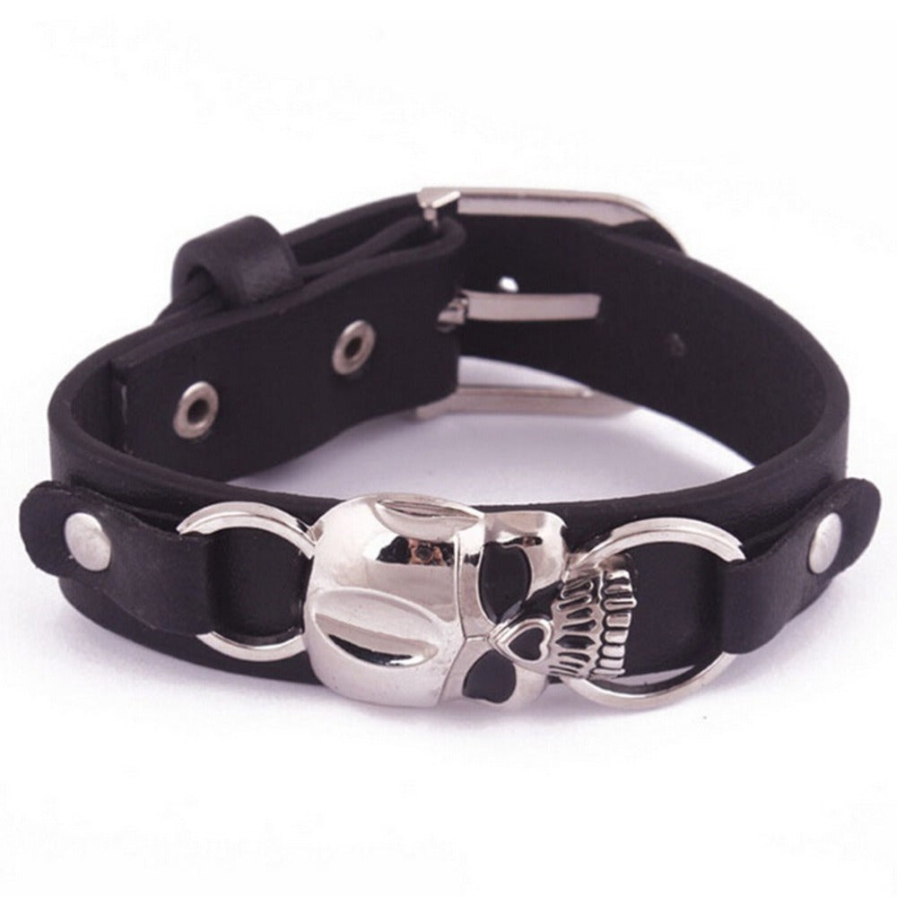 Skull Pu Charm Bracelets Stainless Steel Rivet Punk Leather Bracelet 24.5cm
