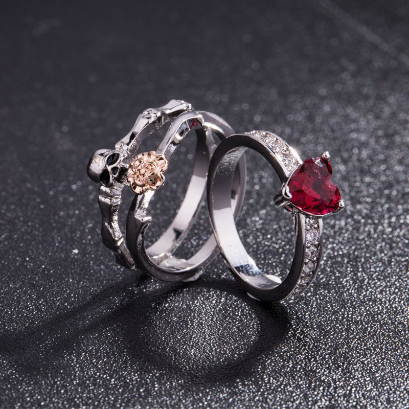 Skull Punk Ring set Women Red Heart Crystal Rings silver Color Jewelry