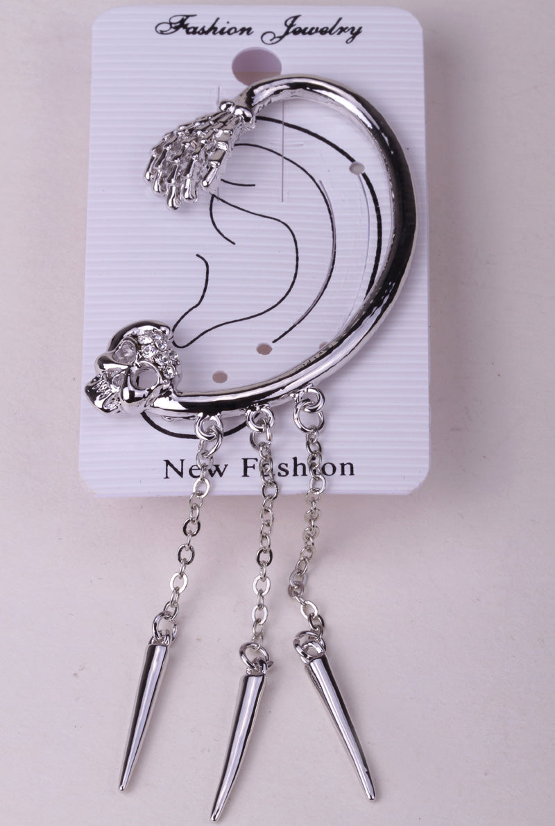 Skull skeleton hand left ear cuff earrings ear clip for women W/ crystal SC61 biker hiphop jewelry