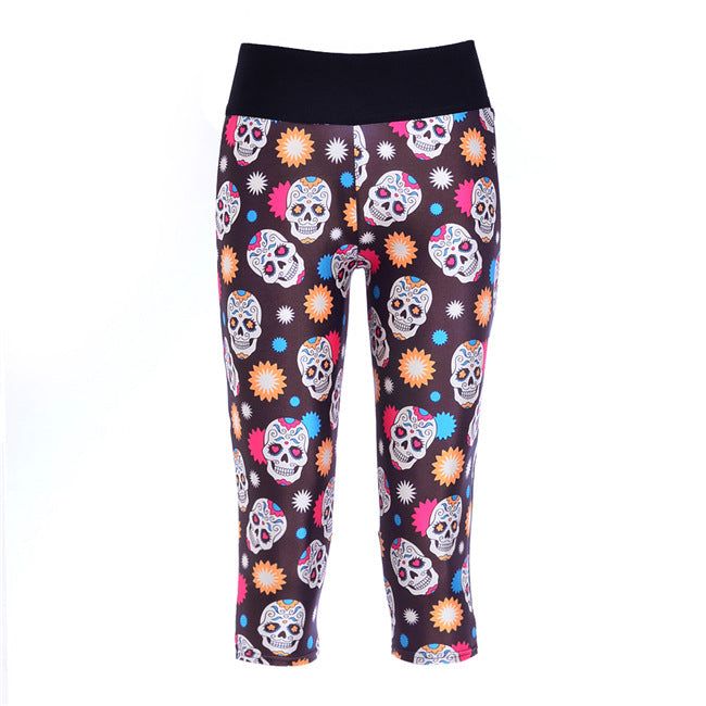 Slim Hip Women Mid-Calf Leggings Sexy Skull Digital Print Fitness Yoga Gym Cropped Trousers High Elastic Breathable Girls Capris