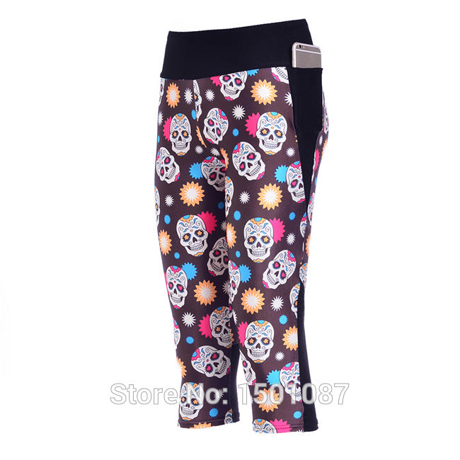 Slim Hip Women Mid-Calf Leggings Sexy Skull Digital Print Fitness Yoga Gym Cropped Trousers High Elastic Breathable Girls Capris