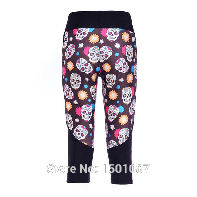 Slim Hip Women Mid-Calf Leggings Sexy Skull Digital Print Fitness Yoga Gym Cropped Trousers High Elastic Breathable Girls Capris
