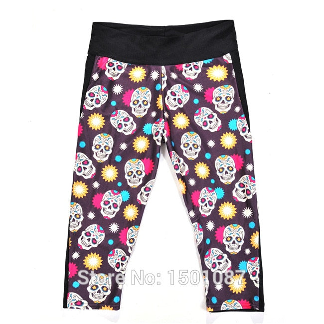 Slim Hip Women Mid-Calf Leggings Sexy Skull Digital Print Fitness Yoga Gym Cropped Trousers High Elastic Breathable Girls Capris