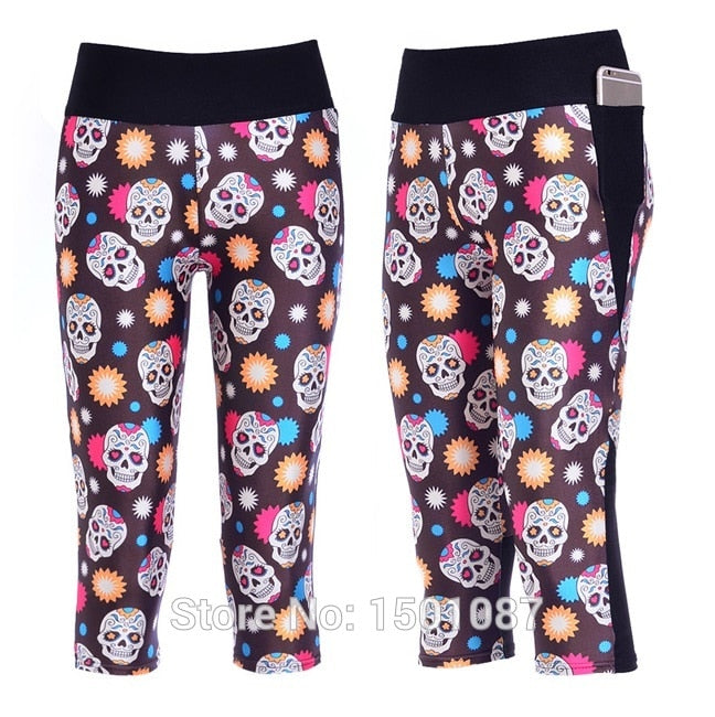 Slim Hip Women Mid-Calf Leggings Sexy Skull Digital Print Fitness Yoga Gym Cropped Trousers High Elastic Breathable Girls Capris
