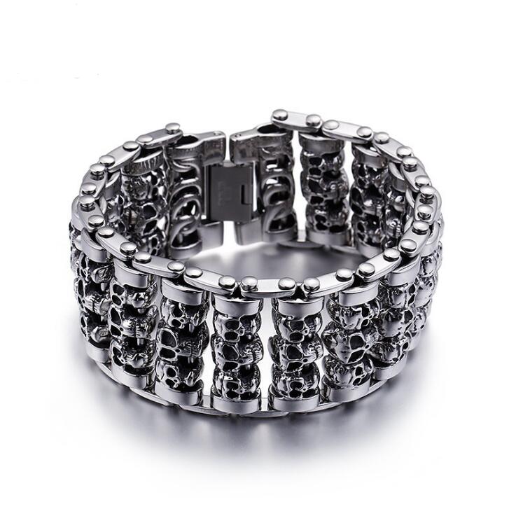 Stainless Steel 35mm Heavy Rock Men's Bike Motorcycle Chain Skeleton Skull bracelet Ghost bangle Biker Punk Pulseras Jewerly