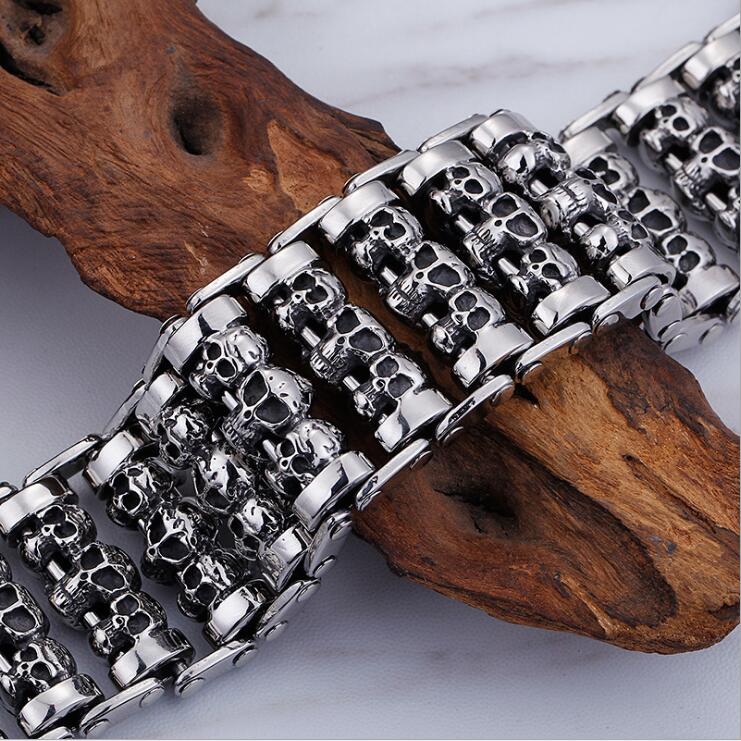 Stainless Steel 35mm Heavy Rock Men's Bike Motorcycle Chain Skeleton Skull bracelet Ghost bangle Biker Punk Pulseras Jewerly