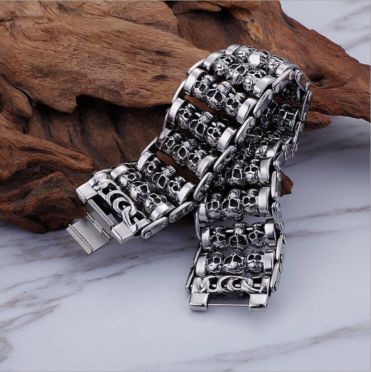 Stainless Steel 35mm Heavy Rock Men's Bike Motorcycle Chain Skeleton Skull bracelet Ghost bangle Biker Punk Pulseras Jewerly