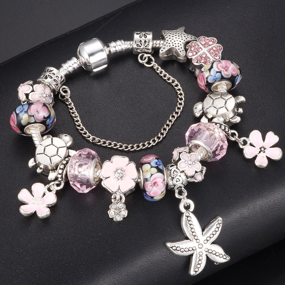 Starfish With Peach Blossom Dangle Charm Bracelets For Women Pink Flower Glass Beads Fit European Bracelet&Bangles DIY Making