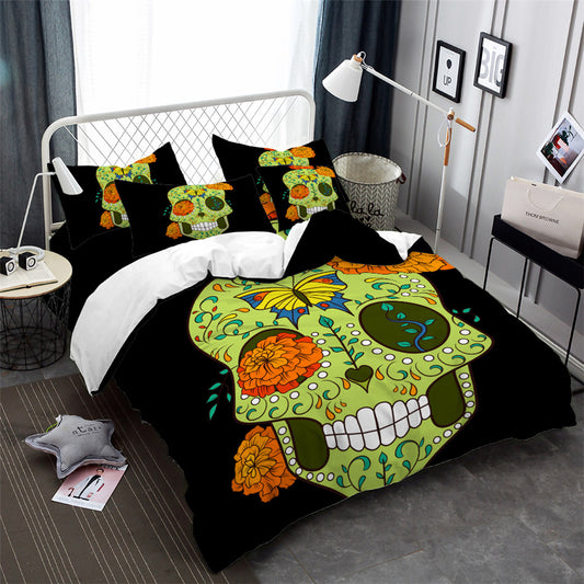 Sugar Skull Bedding Set Green Flowers Print Duvet Cover Set Pillowcase