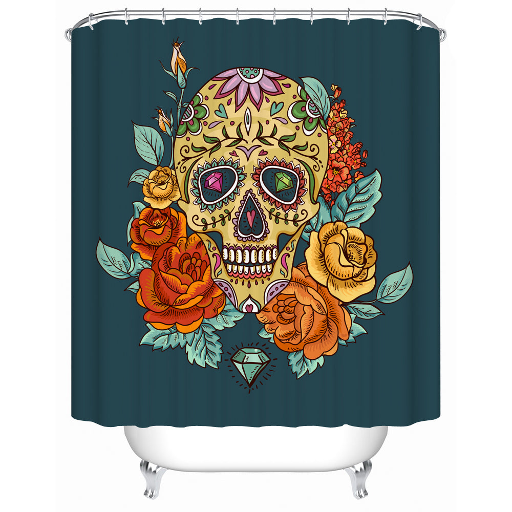 Sugar Skull Flower Shower Curtain for Halloween Bathroom Decor Polyester Fabric Print Curtain for Home Decor Art Skull Design