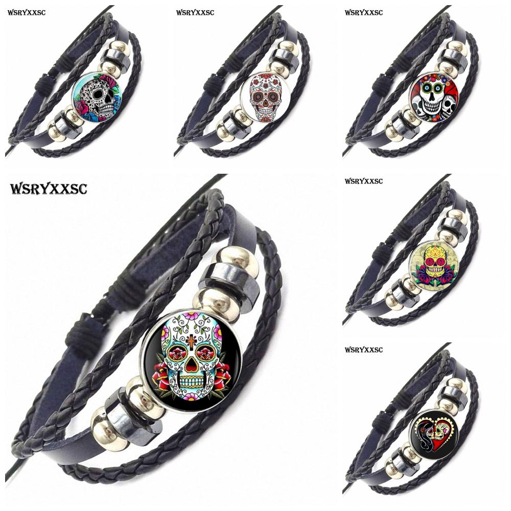 Sugar Skull For Women Girls Handmade New Brand Jewelry With Glass Caochon Black Leather Bracelet Bangle