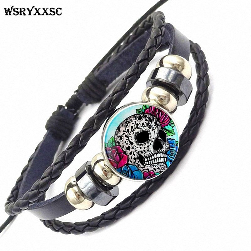 Sugar Skull For Women Girls Handmade New Brand Jewelry With Glass Caochon Black Leather Bracelet Bangle