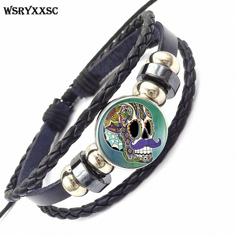 Sugar Skull For Women Girls Handmade New Brand Jewelry With Glass Caochon Black Leather Bracelet Bangle