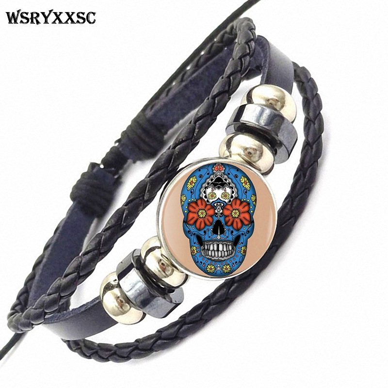 Sugar Skull For Women Girls Handmade New Brand Jewelry With Glass Caochon Black Leather Bracelet Bangle