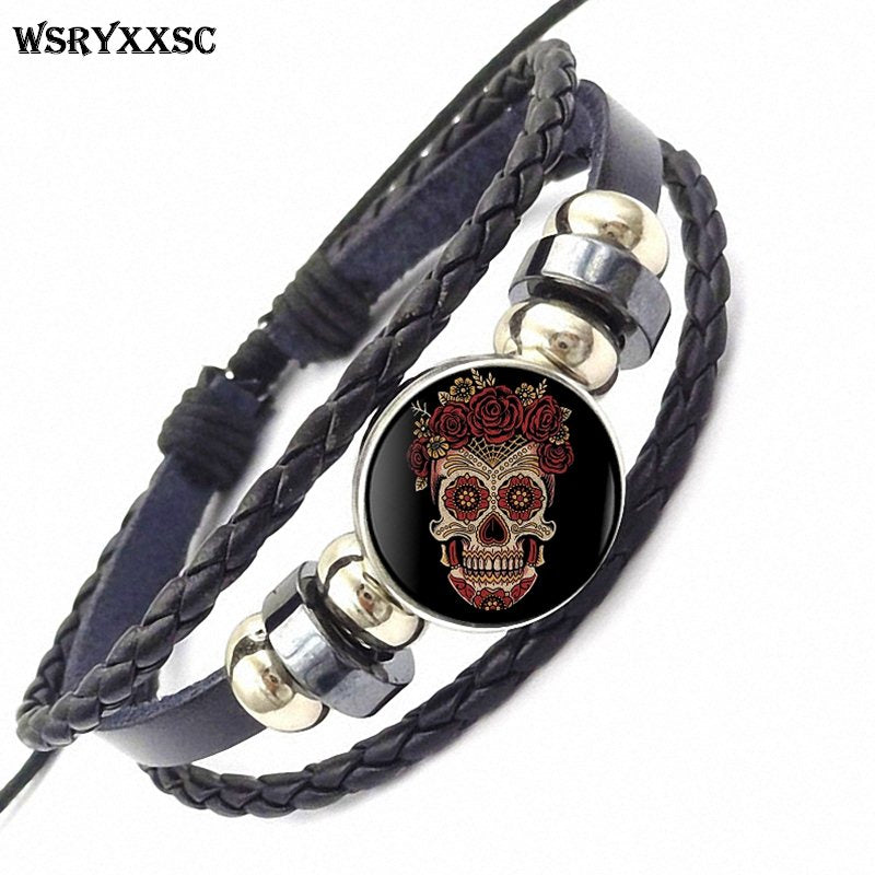 Sugar Skull For Women Girls Handmade New Brand Jewelry With Glass Caochon Black Leather Bracelet Bangle