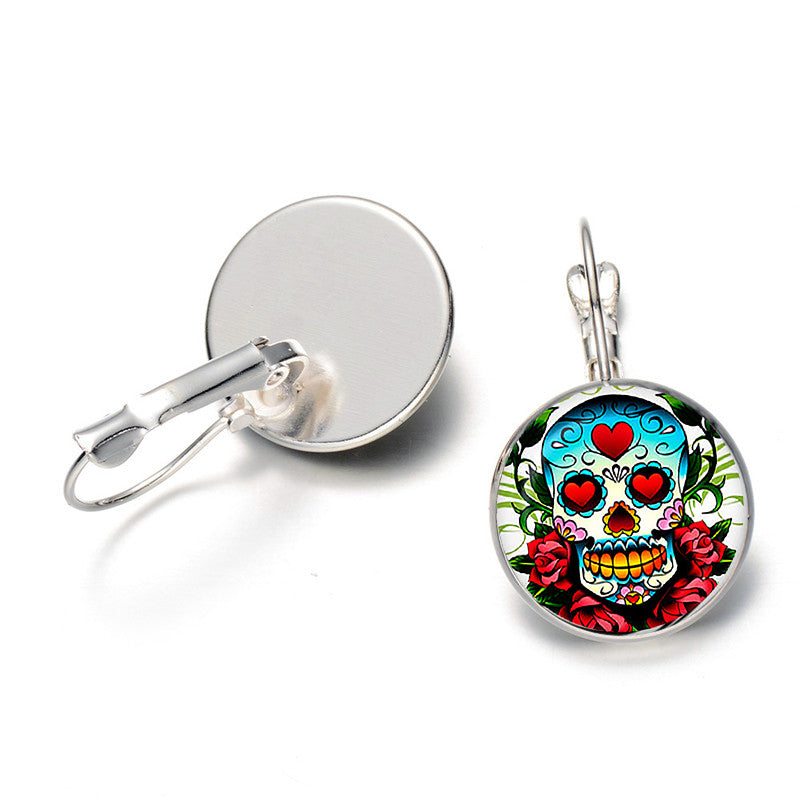 Sugar Skull Glass Cabochon Stud Earings. Day of The Dead Silver Color Glass Dome Jewelry