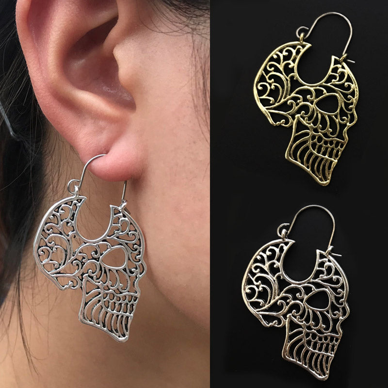 Sugar Skull Hollow Skull Tribal Brass Hoop Earrings
