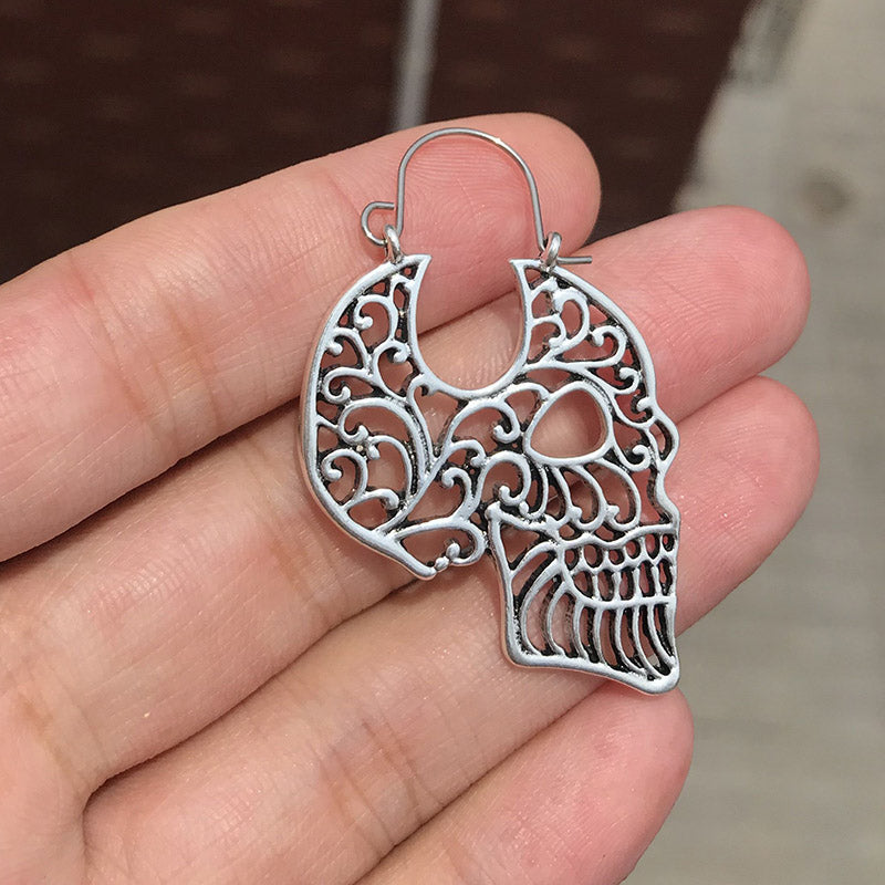 Sugar Skull Hollow Skull Tribal Brass Hoop Earrings