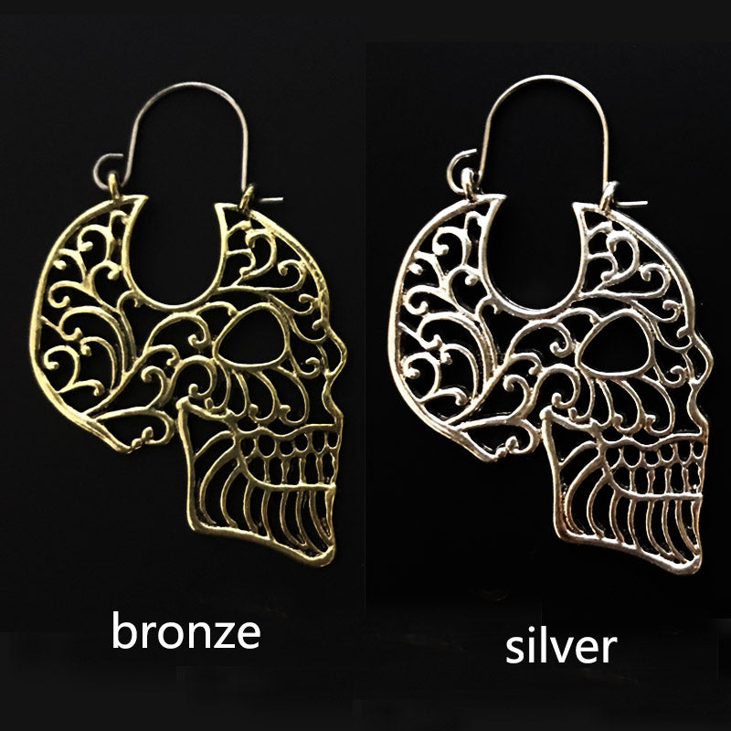Sugar Skull Hollow Skull Tribal Brass Hoop Earrings