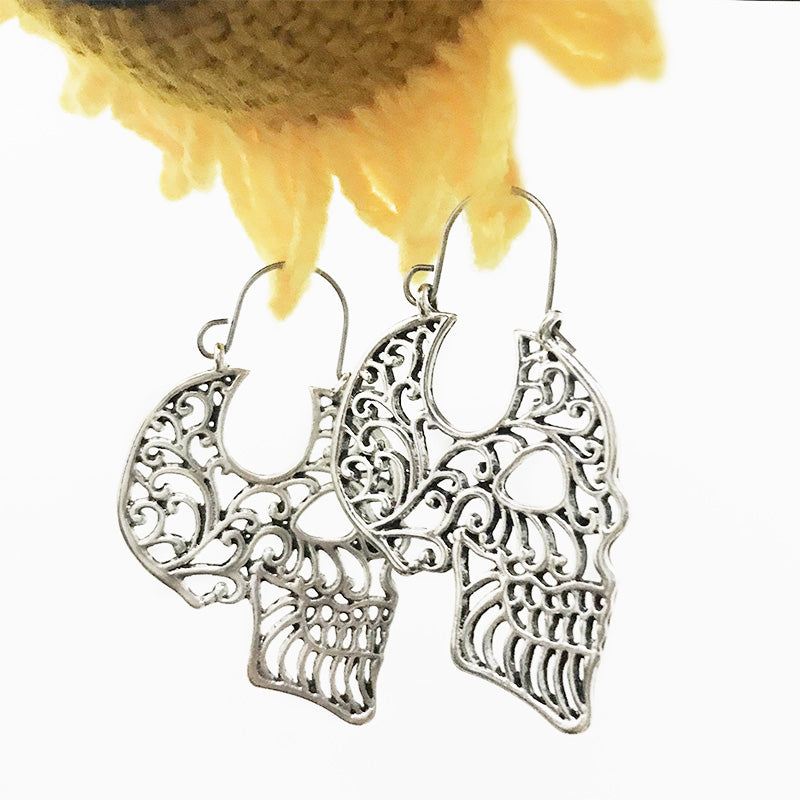 Sugar Skull Hollow Skull Tribal Brass Hoop Earrings